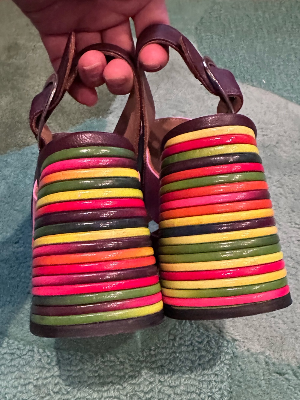 Fluevog NEARLY NEW Picnic Kerry striped rainbow heel platform open-toe sandal -6 - Picture 6 of 16